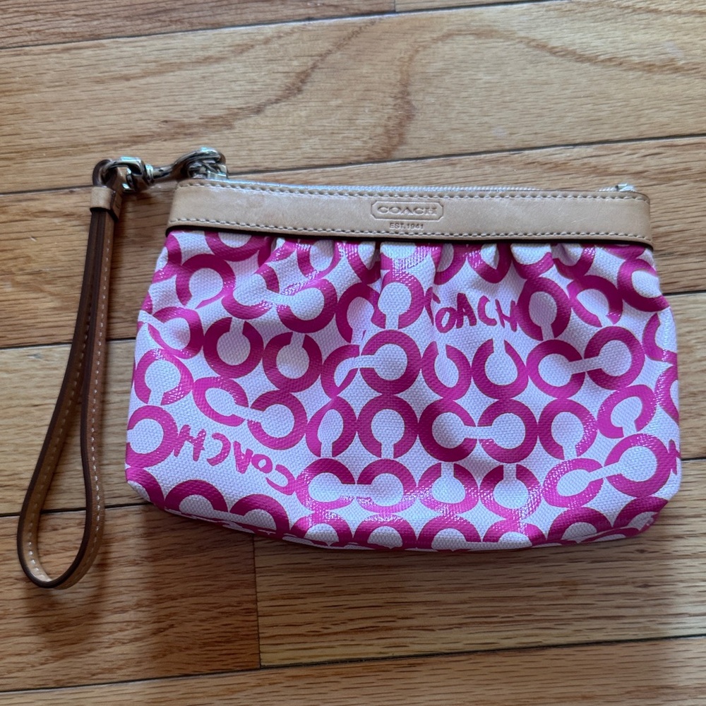 Coach Pink and Tan Signature Wristlet